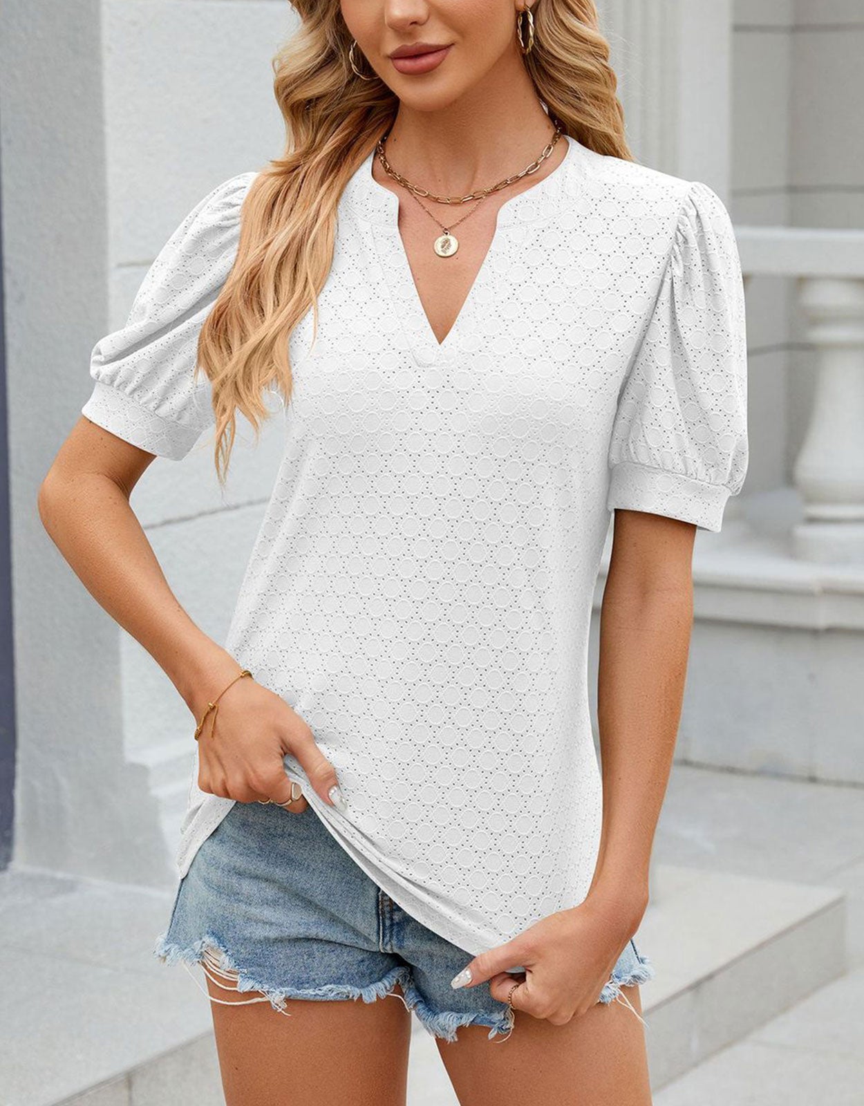 V-Neck Cute Puff Sleeve Eyelet Blouses