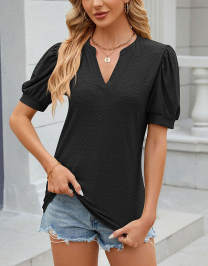 V-Neck Cute Puff Sleeve Eyelet Blouses