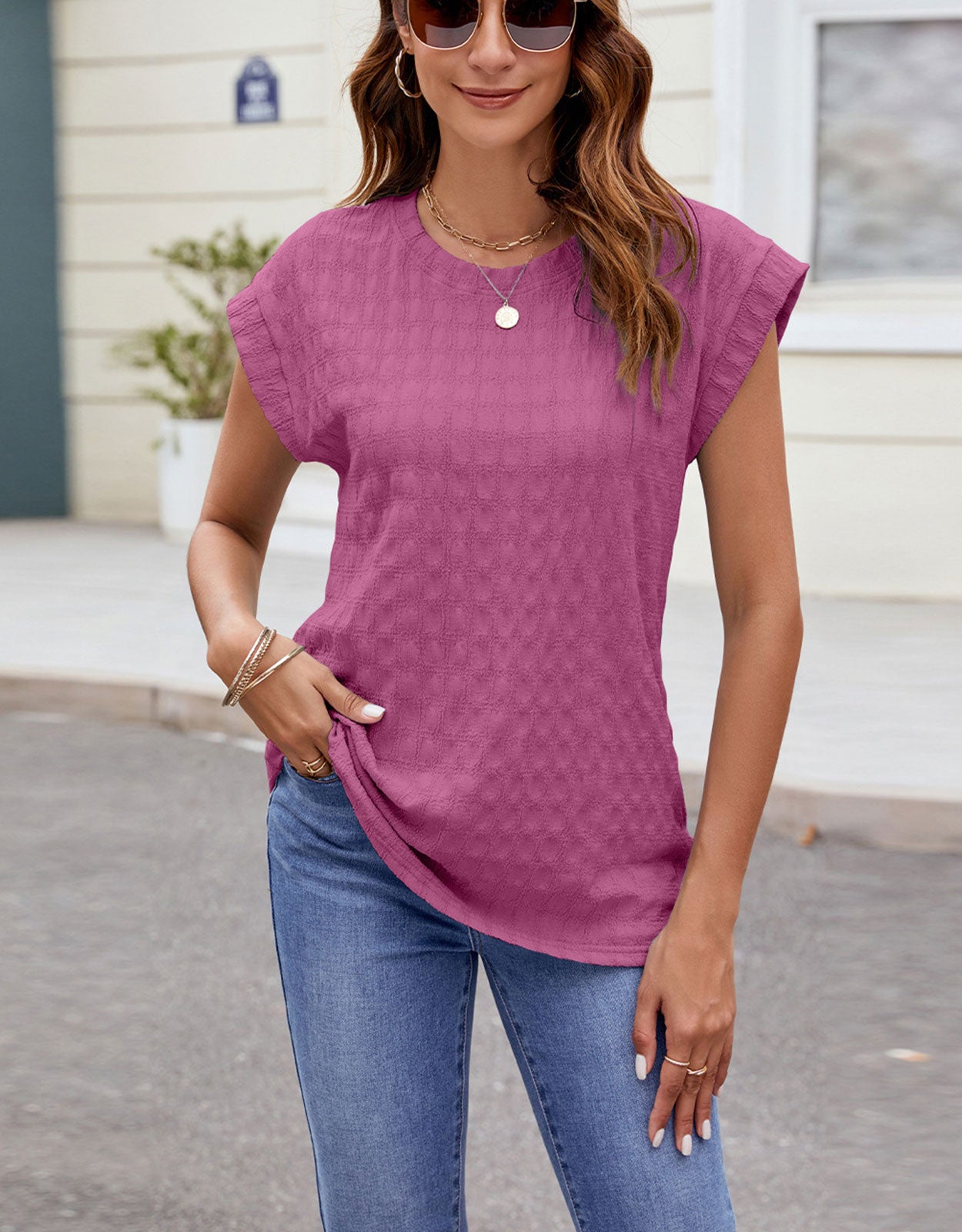 Round Neck Cap Sleeve Blouse