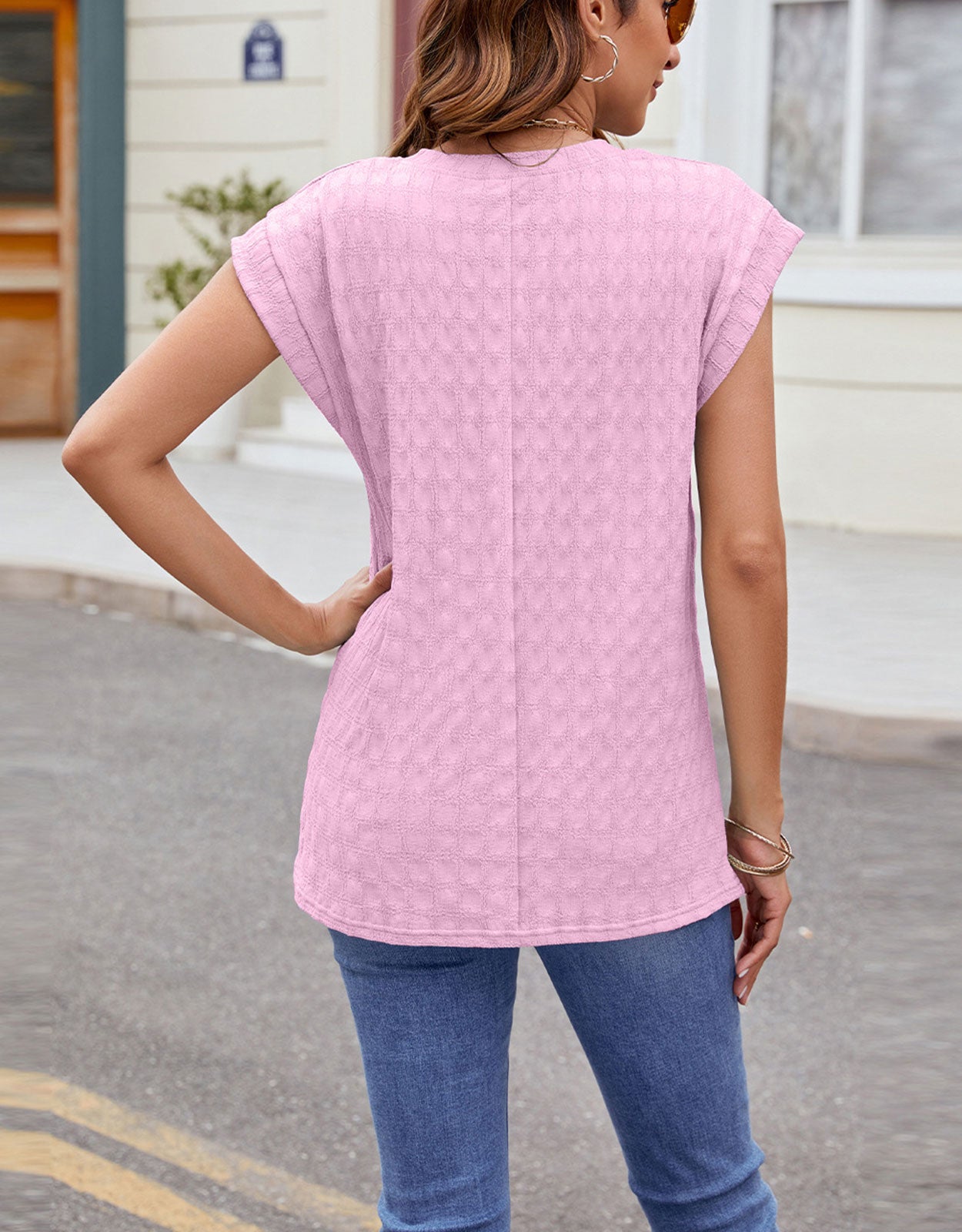 Round Neck Cap Sleeve Blouse