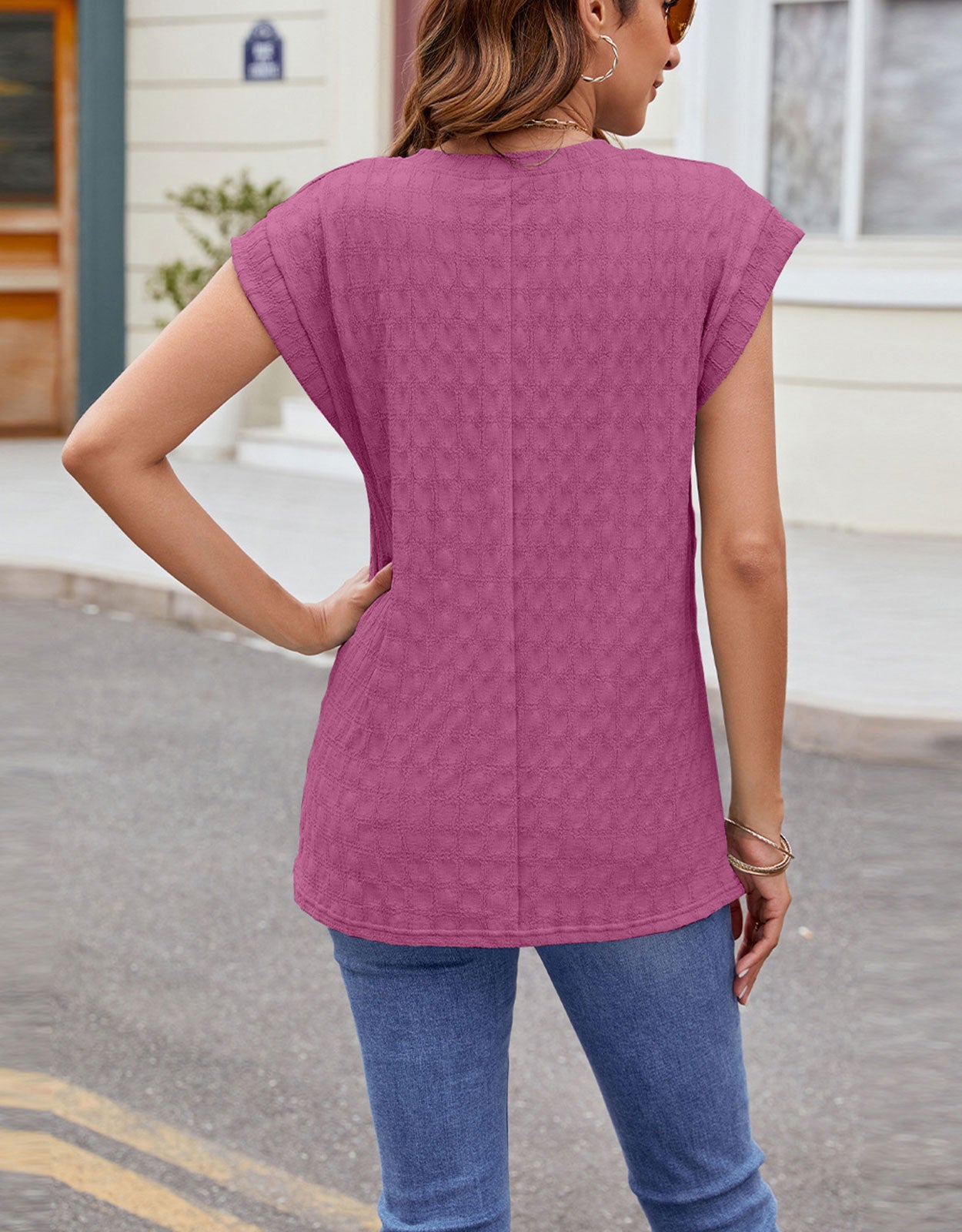 Round Neck Cap Sleeve Blouse