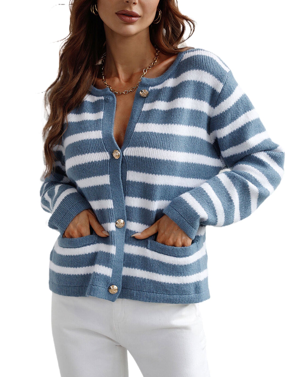 Lady Button Crewneck Knit Cardigans