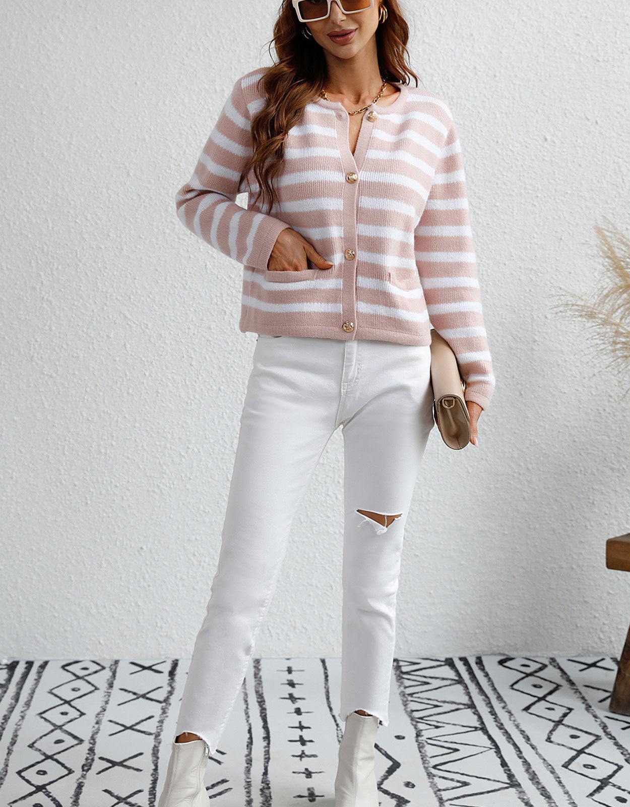 Lady Button Crewneck Knit Cardigans