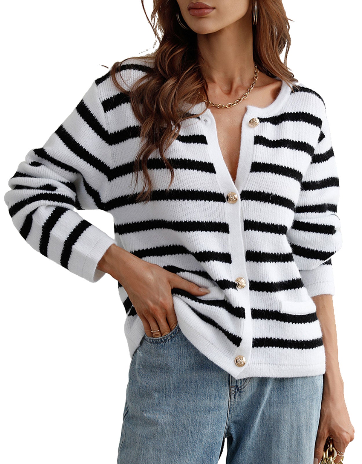 Lady Button Crewneck Knit Cardigans