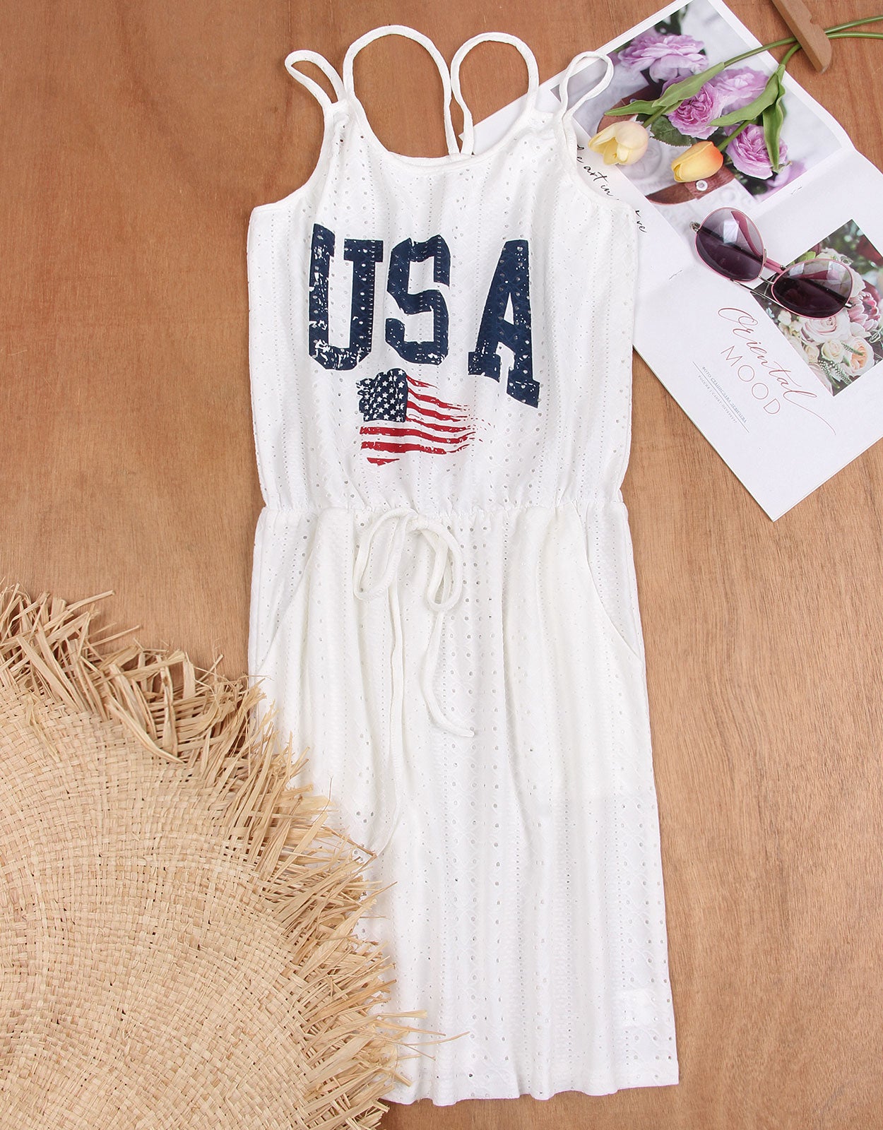 USA flag sleeveless neck print drawstring dress