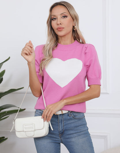 Cute Heart Crew Neck Casual T Shirts Blouses