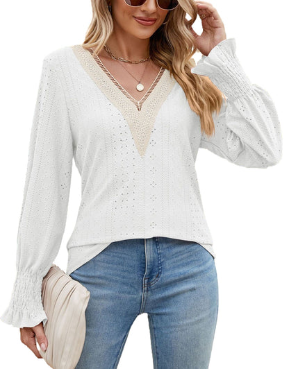 V-Neck Eyelet Flounce Sleeve Blouse