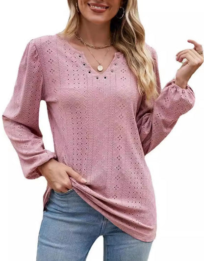 V Collar Tops Solid Color Casual Blouses