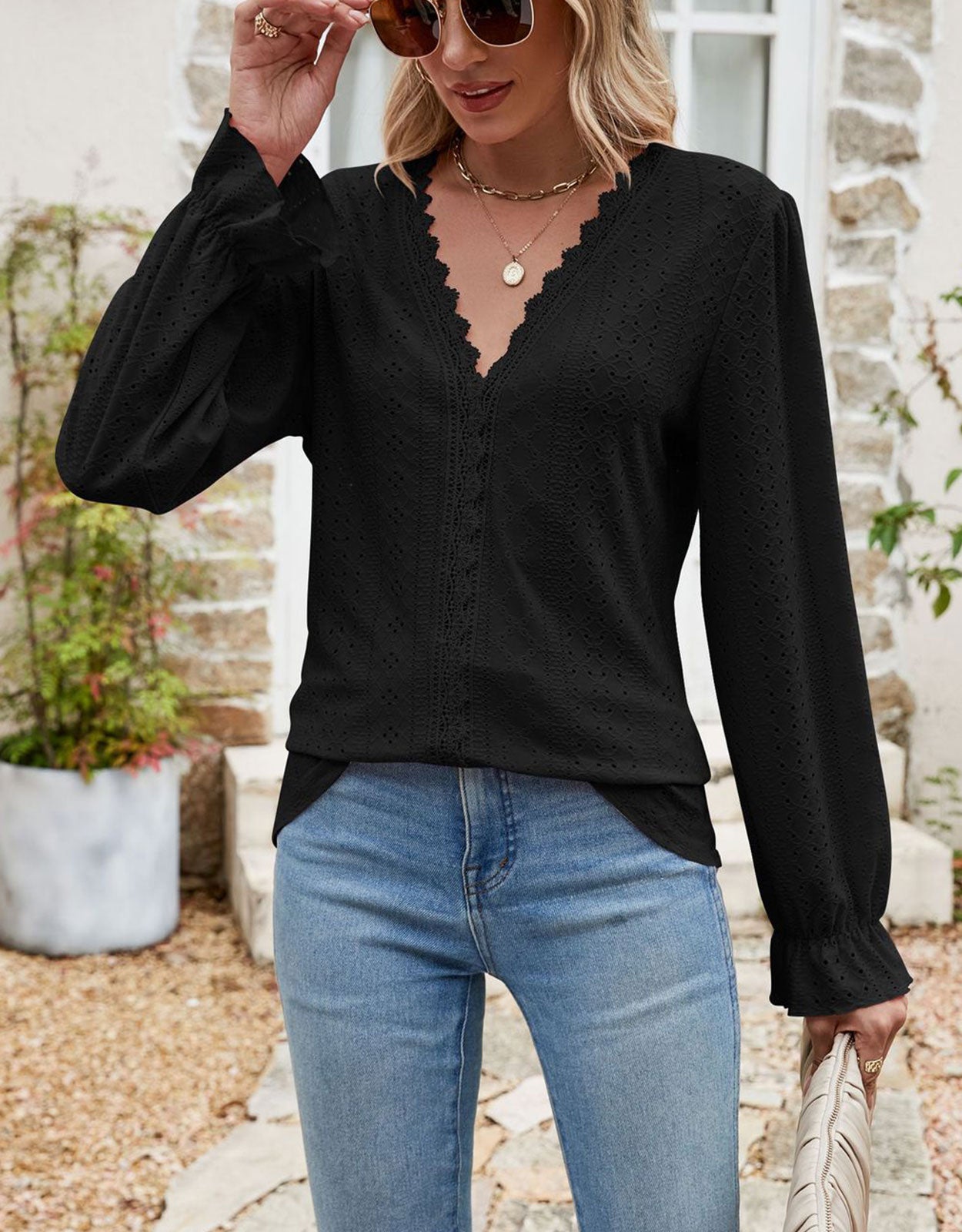 V Neck Puff Sleeve Shirt