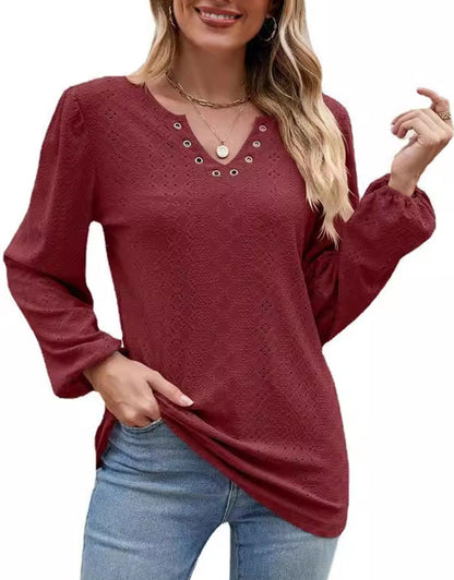 V Collar Tops Solid Color Casual Blouses