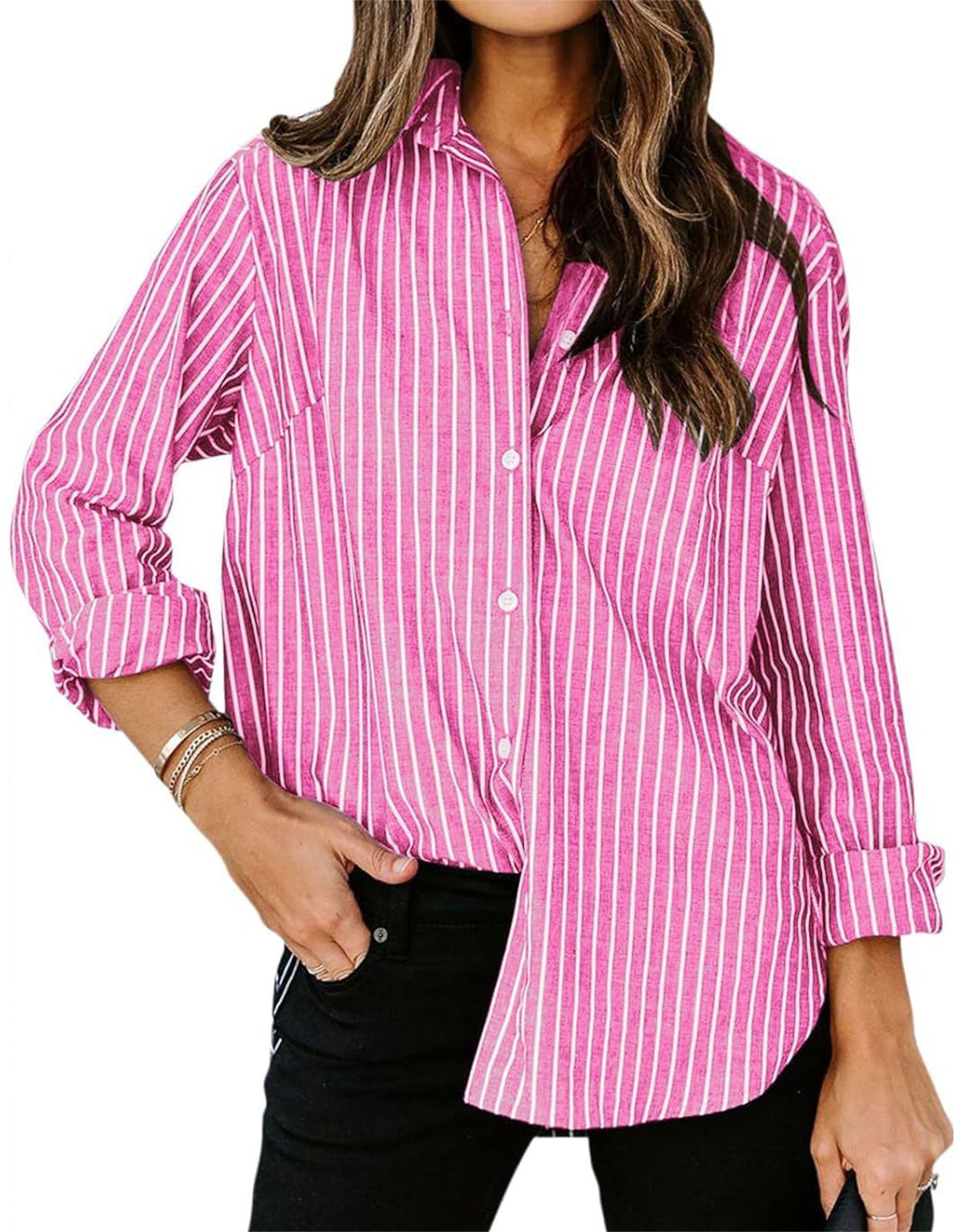 Casual Striped Long Sleeved Button Up Top