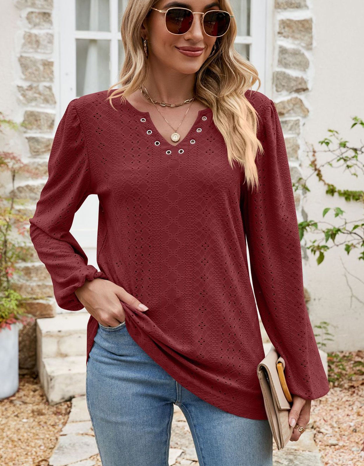 V Collar Tops Solid Color Casual Blouses