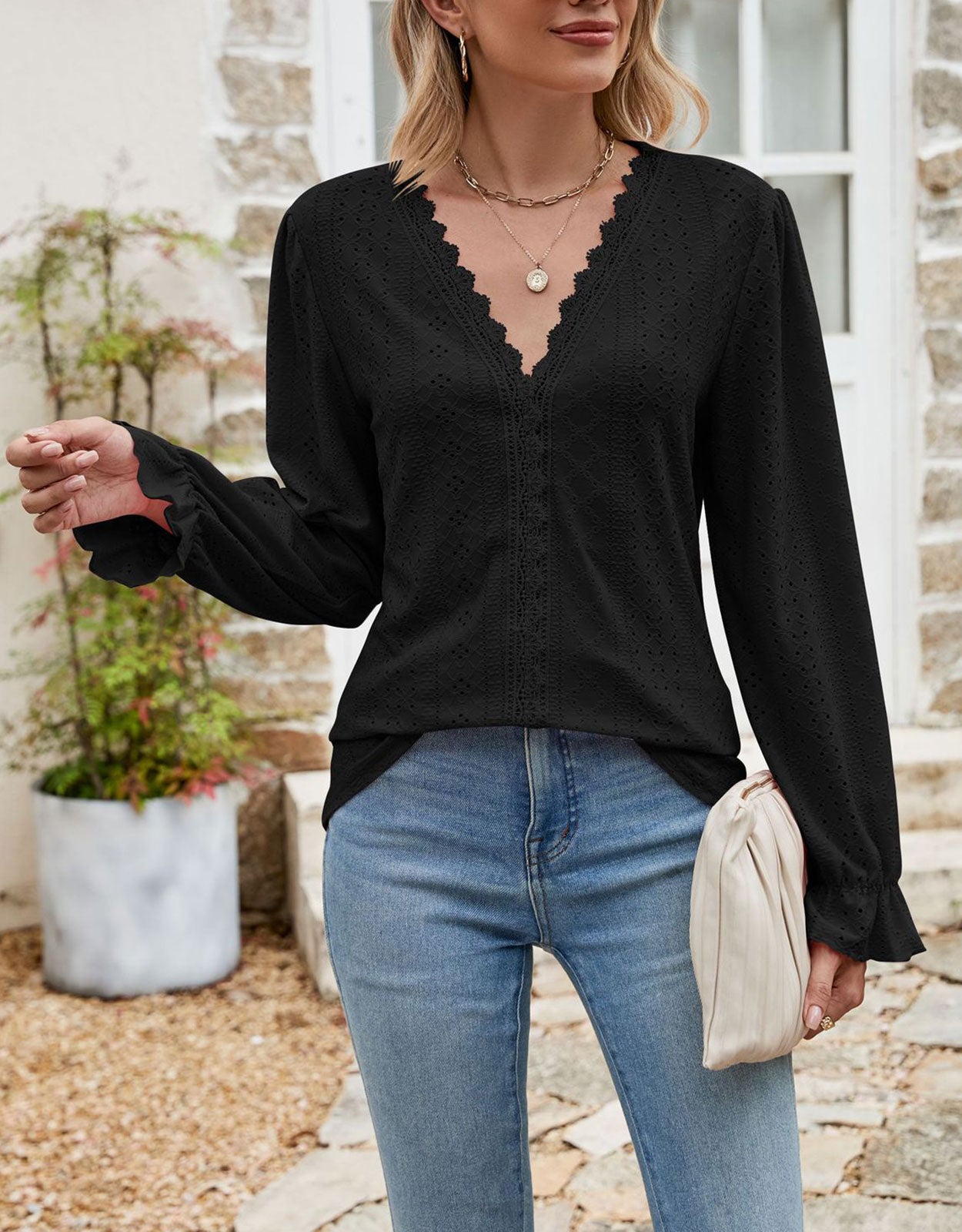 V Neck Puff Sleeve Shirt