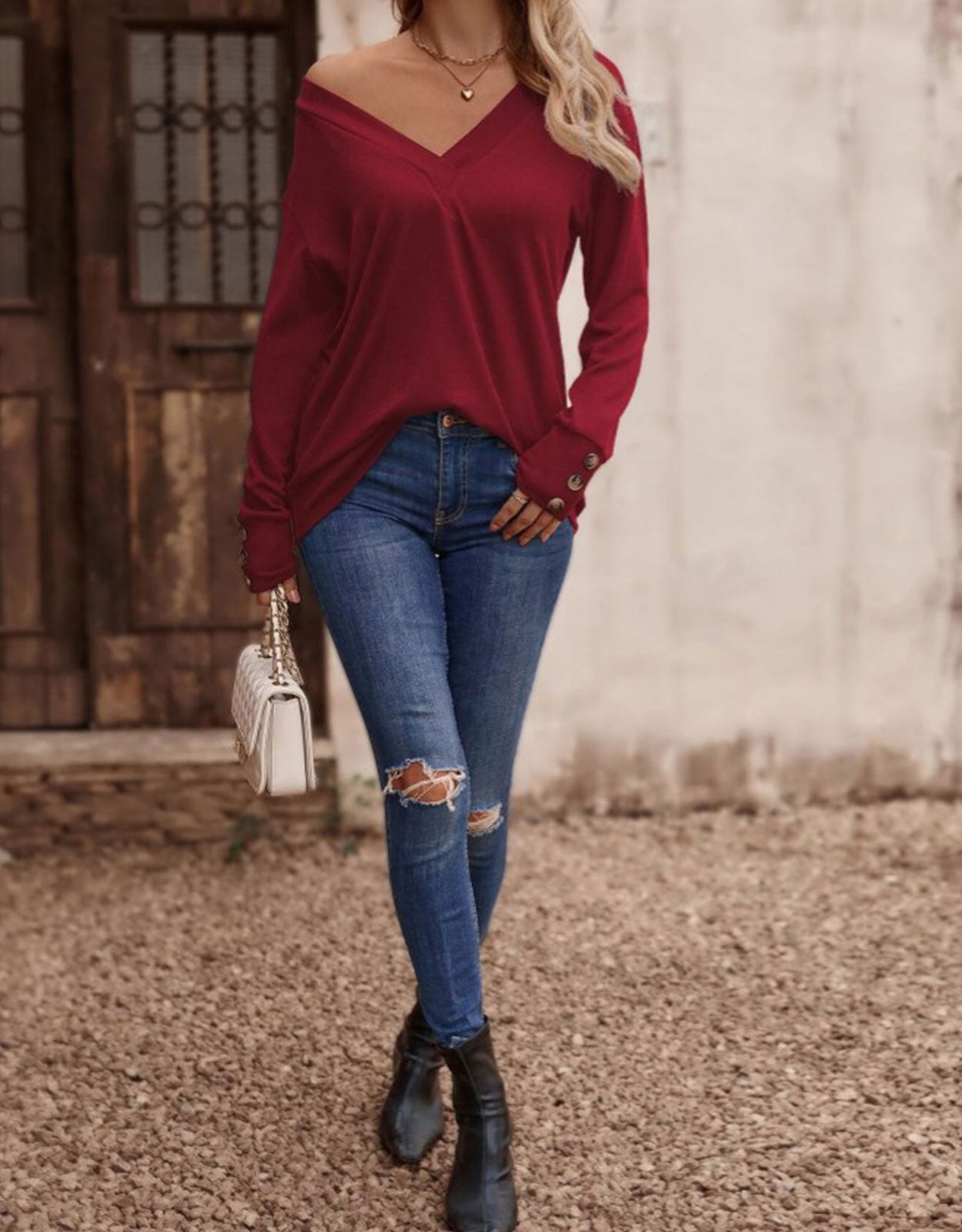 V Neck Drop Shoulder Blouse