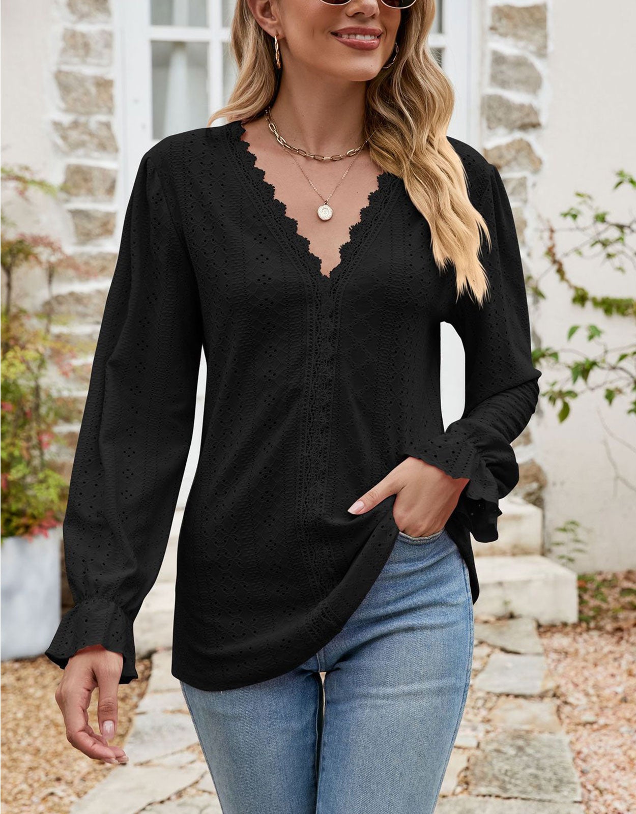 V Neck Puff Sleeve Shirt