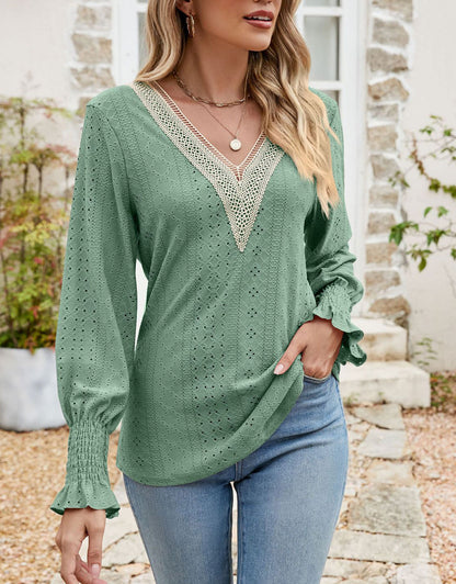 V-Neck Eyelet Flounce Sleeve Blouse