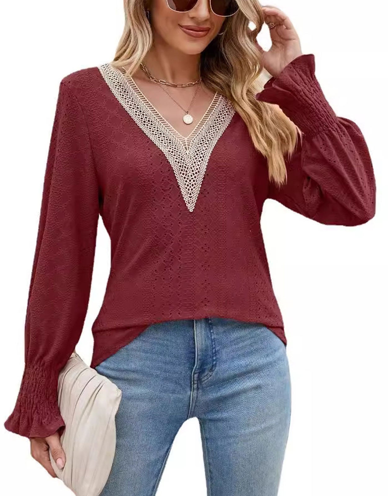 V-Neck Eyelet Flounce Sleeve Blouse