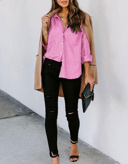 Casual Striped Long Sleeved Button Up Top