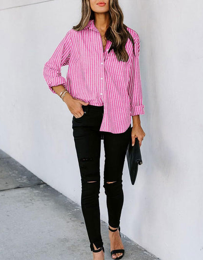 Casual Striped Long Sleeved Button Up Top