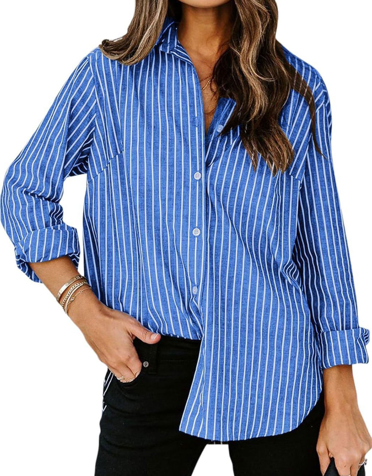 Casual Striped Long Sleeved Button Up Top