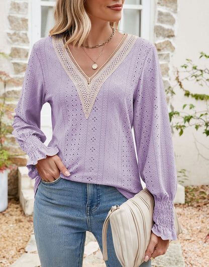 V-Neck Eyelet Flounce Sleeve Blouse