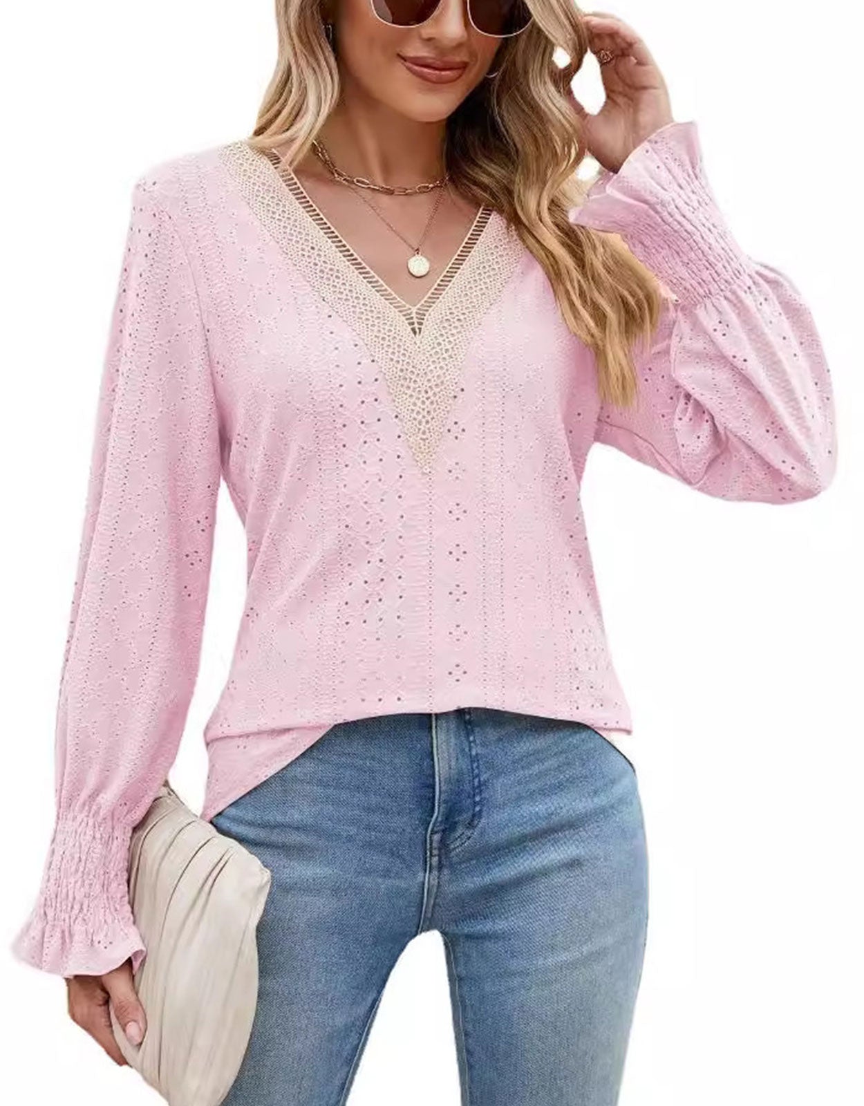 V-Neck Eyelet Flounce Sleeve Blouse