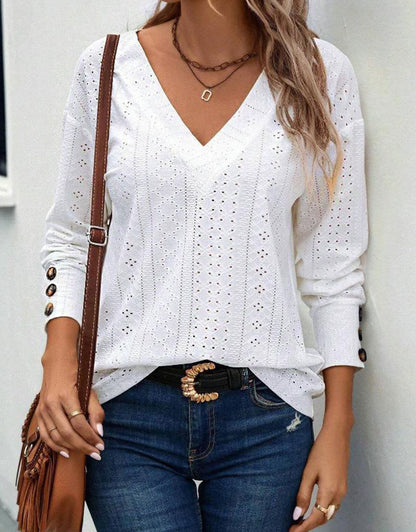 V Neck Buttons Hollow Out Blouses