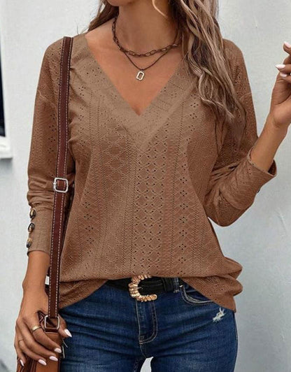 V Neck Buttons Hollow Out Blouses