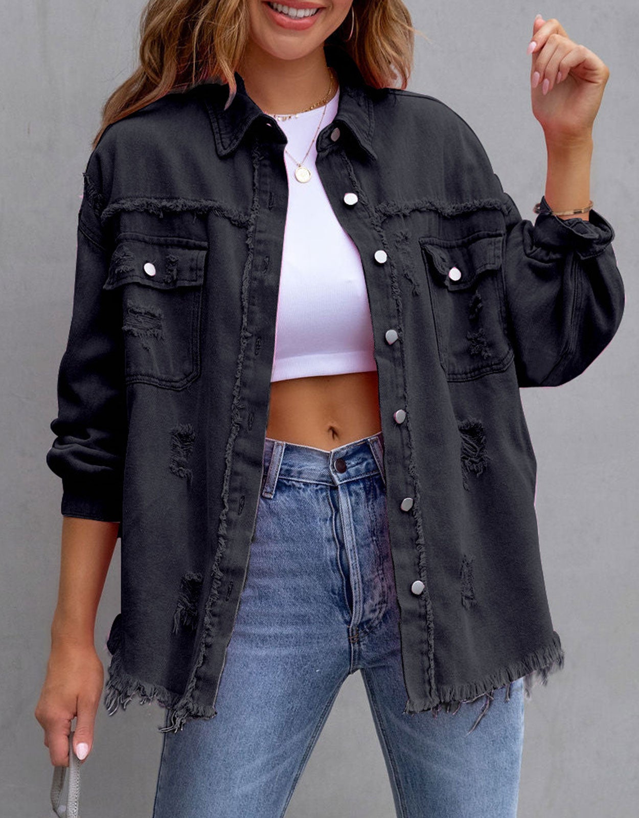 Long Sleeve Pockets Jean Jacket