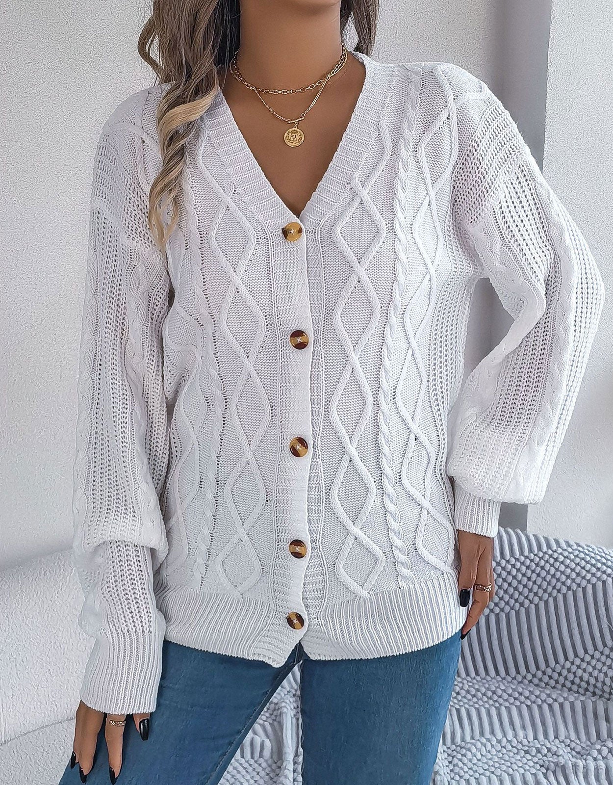 V-Neck Knit Long Sleeve Cardigan