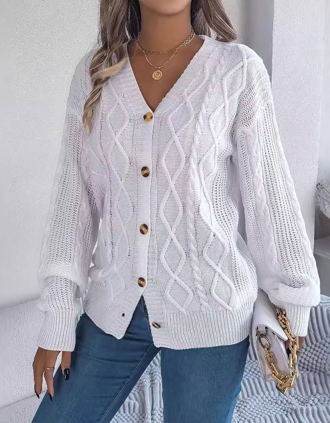 V-Neck Knit Long Sleeve Cardigan