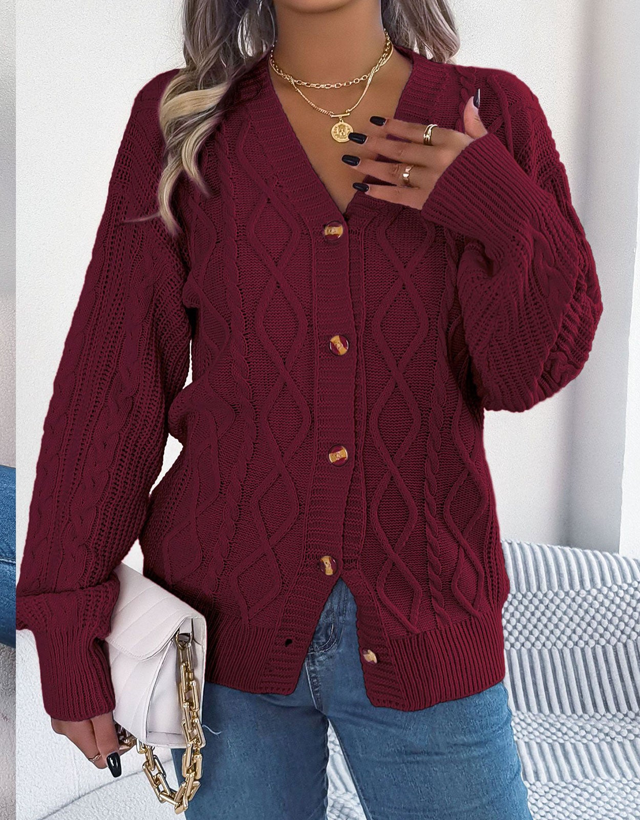 V-Neck Knit Long Sleeve Cardigan