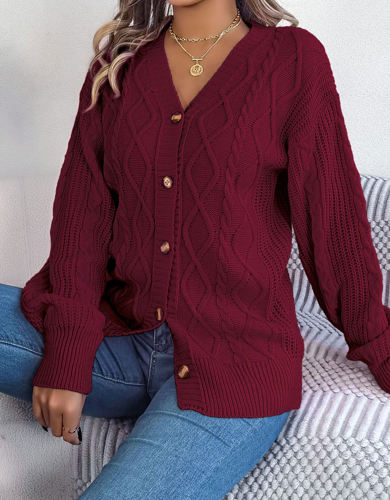 V-Neck Knit Long Sleeve Cardigan