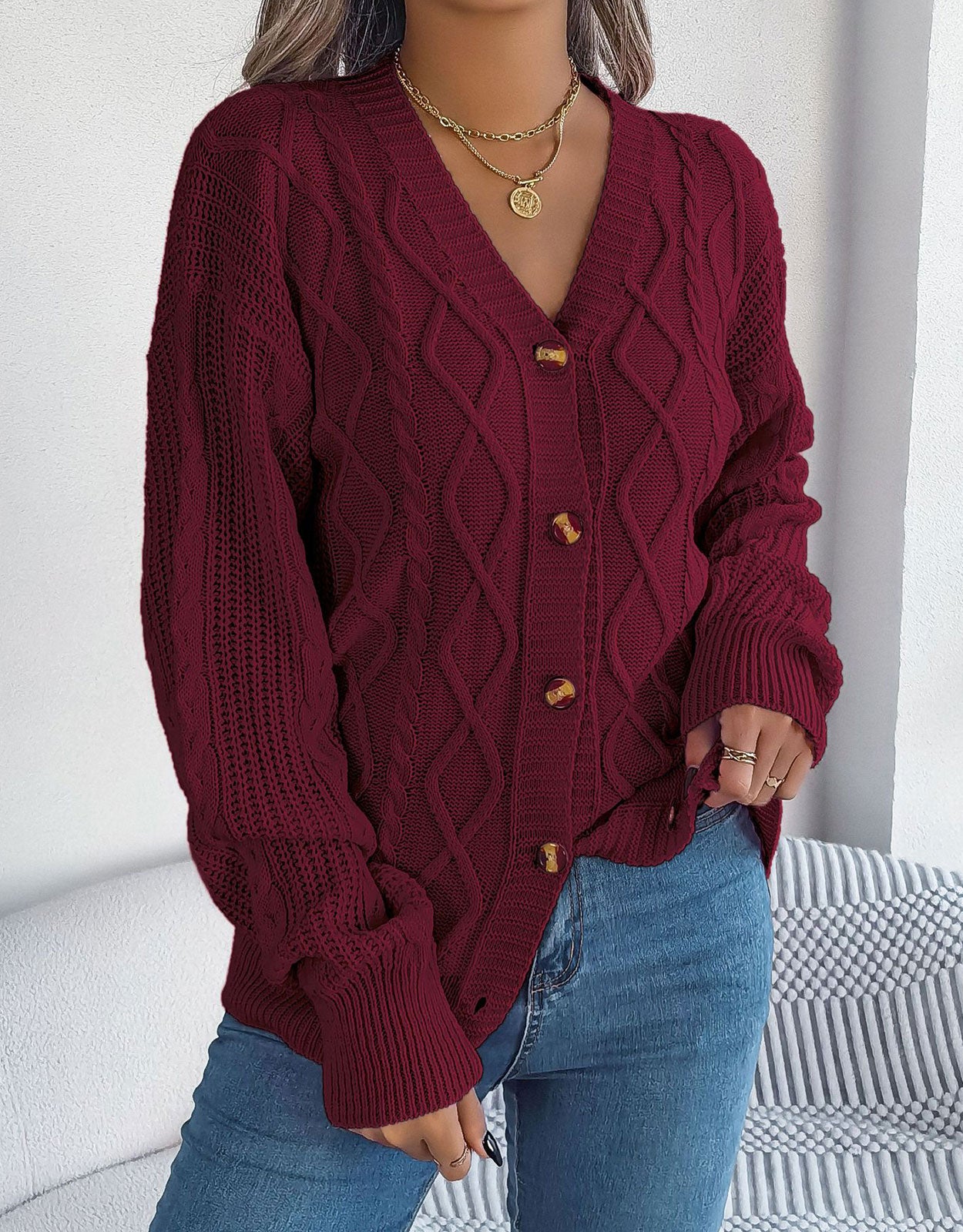 V-Neck Knit Long Sleeve Cardigan