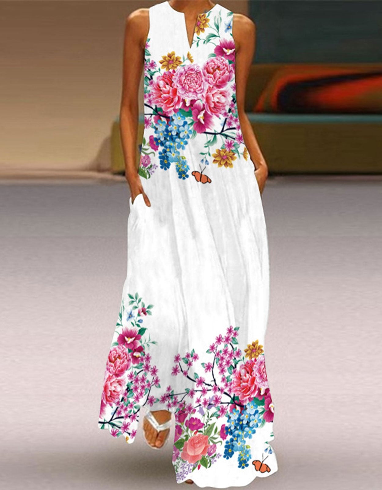 Summer Dresses for Women Butterfly and Floral Printed Maxi Dress