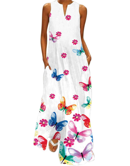 Summer Dresses for Women Butterfly and Floral Printed Maxi Dress