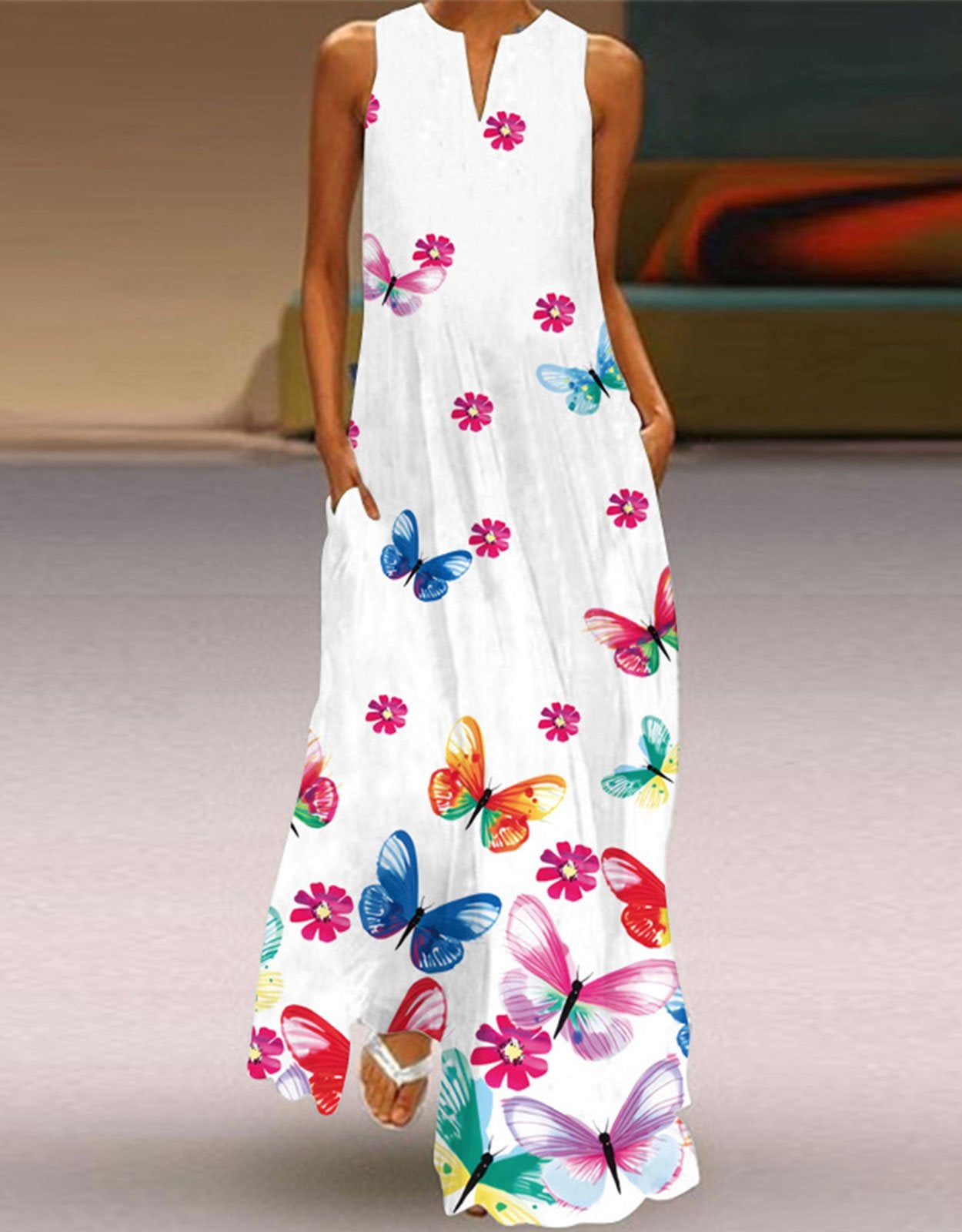 Summer Dresses for Women Butterfly and Floral Printed Maxi Dress