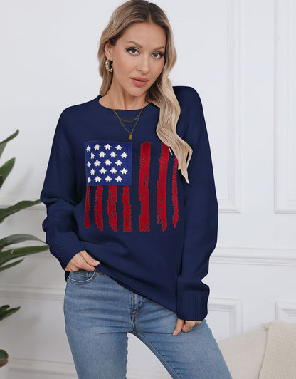 American Flag  Long Sleeve Crew Neck Sweater