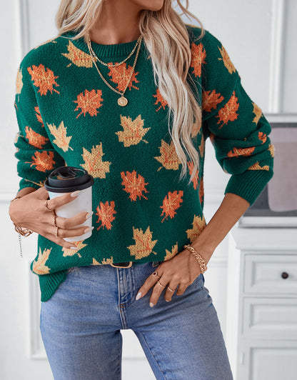 Autumn Print Knitted Round Neck Sweater