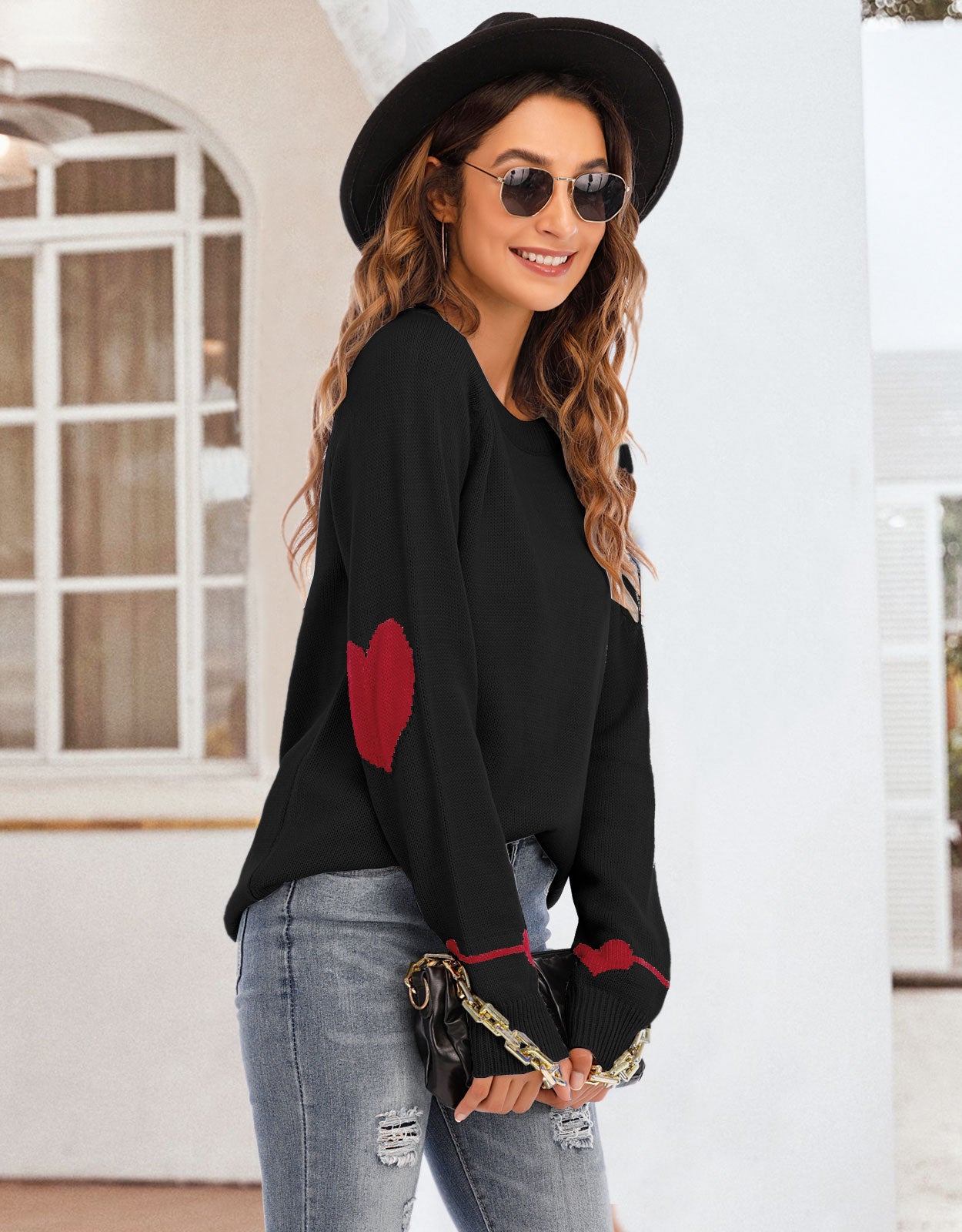 Cute Heart Pattern Crewneck Knitted Pullover