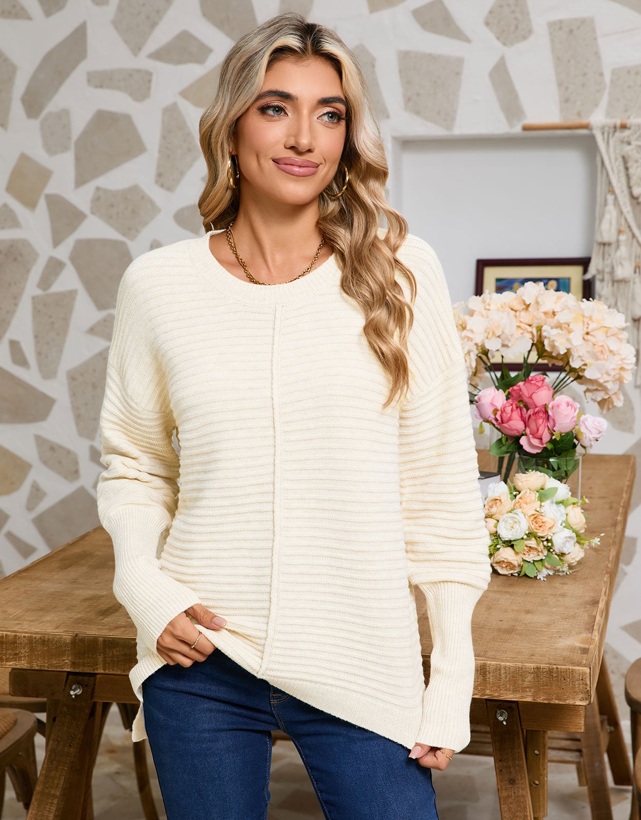 Crewneck Batwing Split Sweater