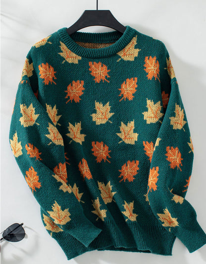 Autumn Print Knitted Round Neck Sweater