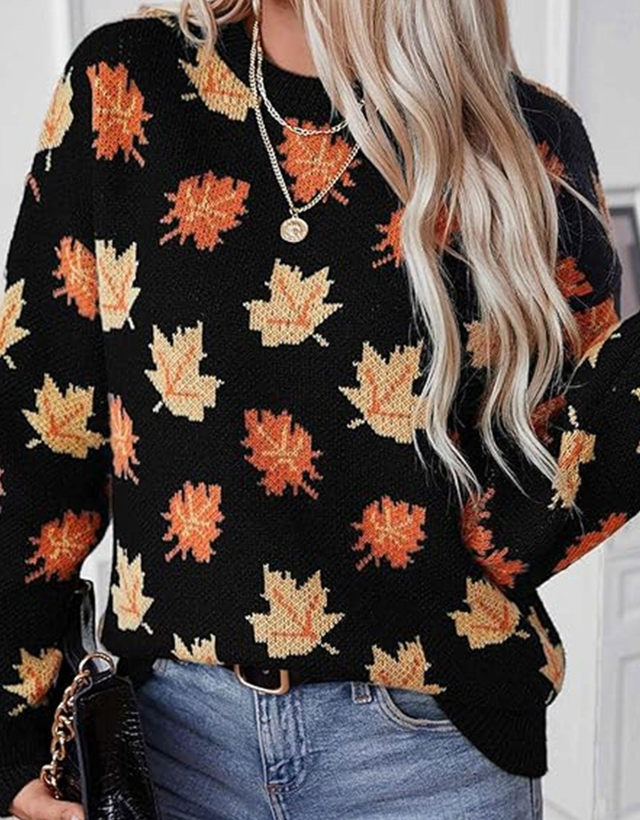 Autumn Print Knitted Round Neck Sweater