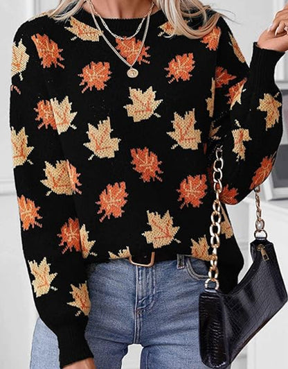 Autumn Print Knitted Round Neck Sweater