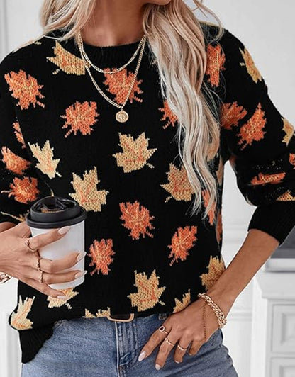 Autumn Print Knitted Round Neck Sweater