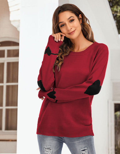 Cute Heart Pattern Crewneck Knitted Pullover