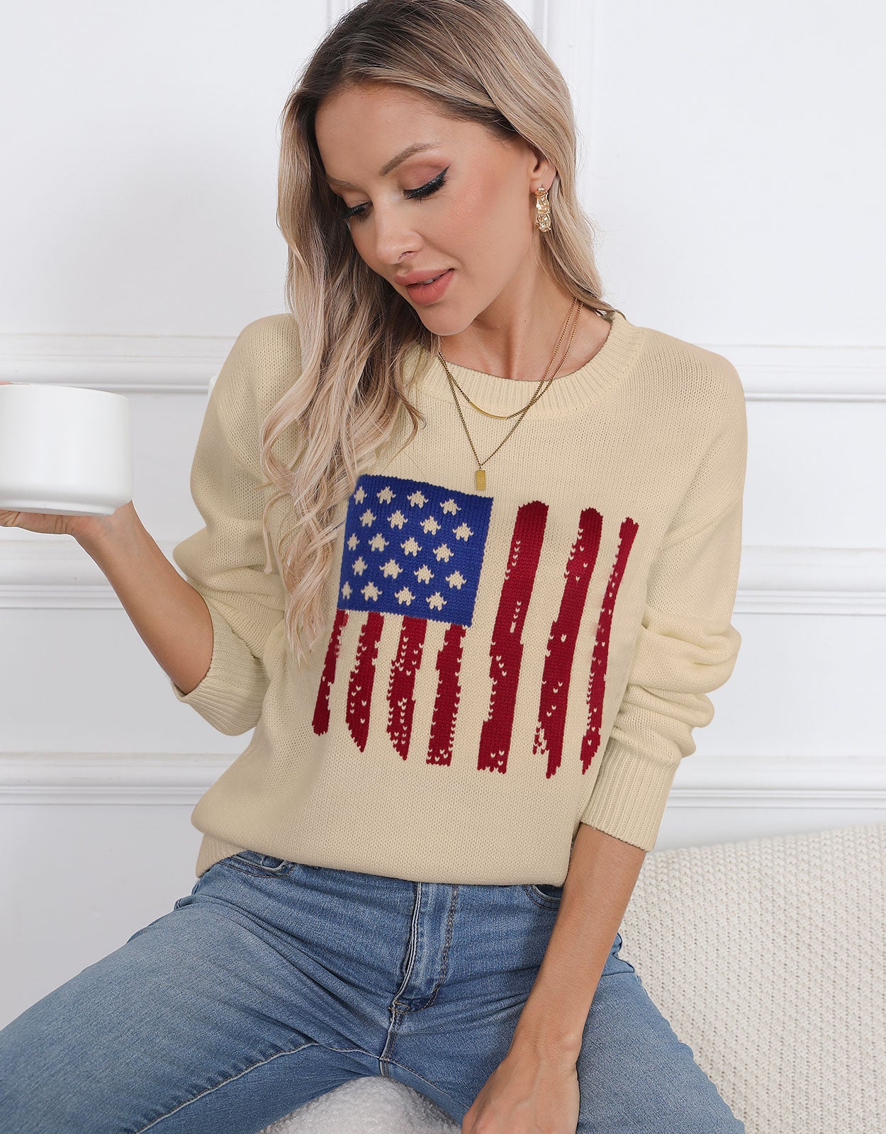 American Flag  Long Sleeve Crew Neck Sweater