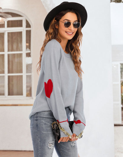 Cute Heart Pattern Crewneck Knitted Pullover