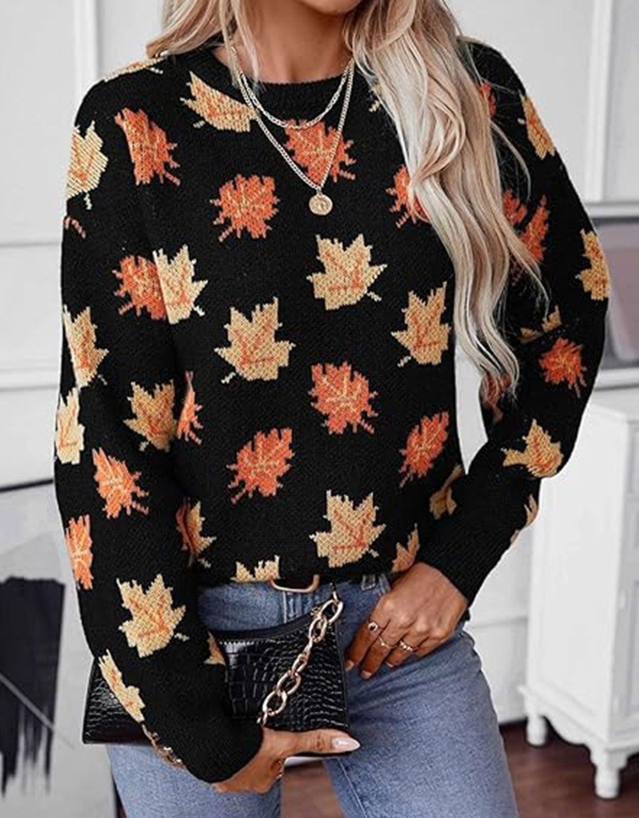 Autumn Print Knitted Round Neck Sweater