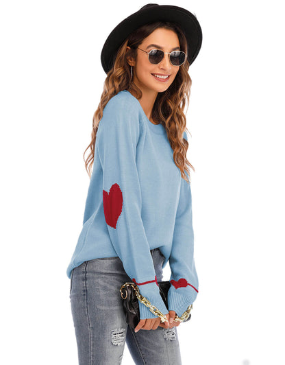 Cute Heart Pattern Crewneck Knitted Pullover